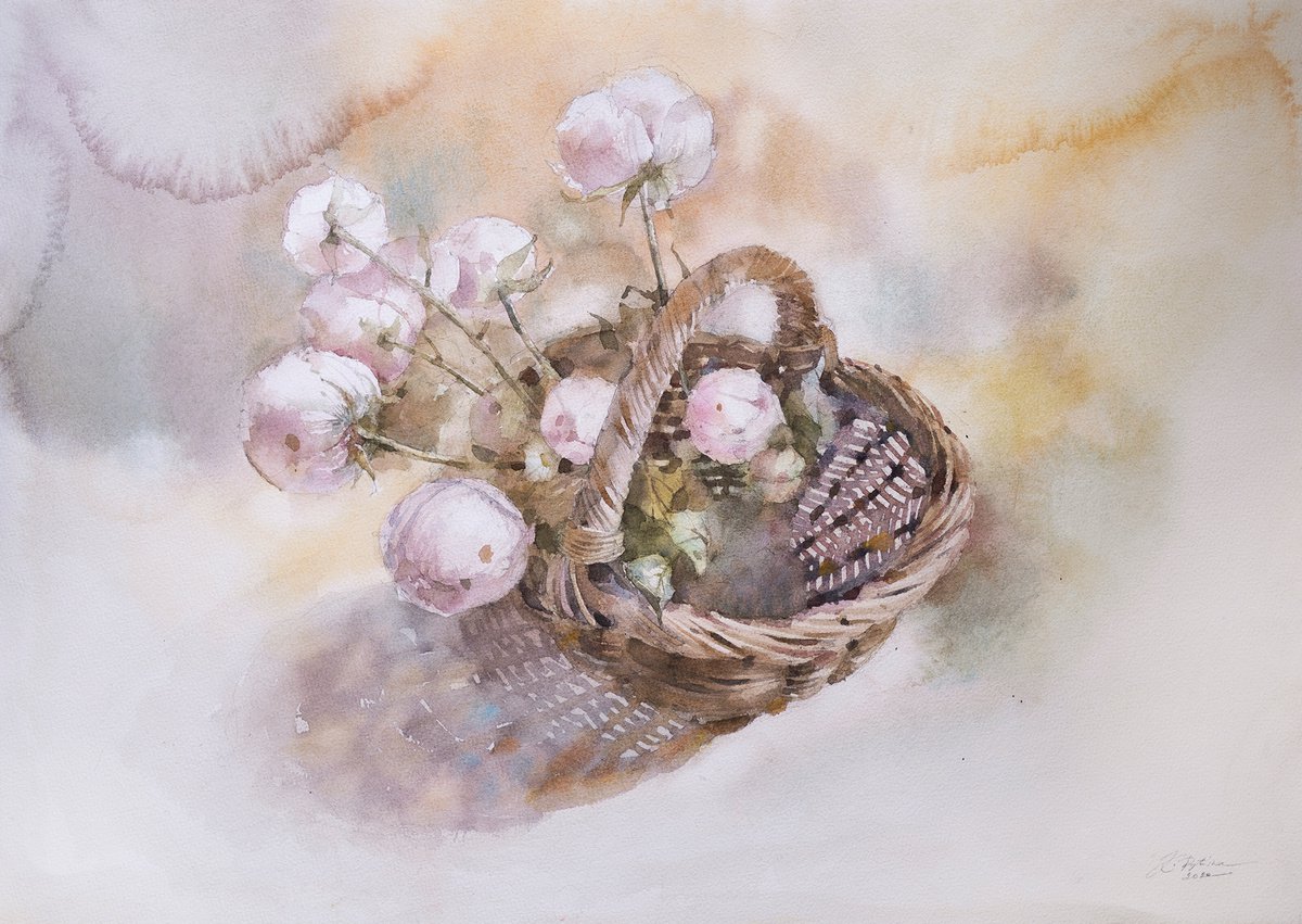 Bouquet of pink peonies in a basket by Ekaterina Pytina