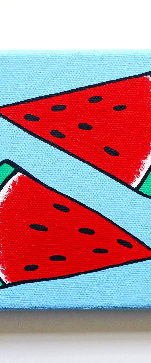 Watermelon Pop Art Painting On Miniature Canvas by Ian Viggars