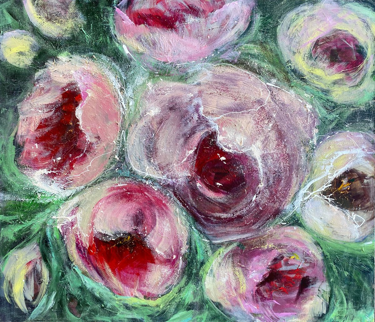 -Garden roses-? acrylic on canvas by Oksana Petrova