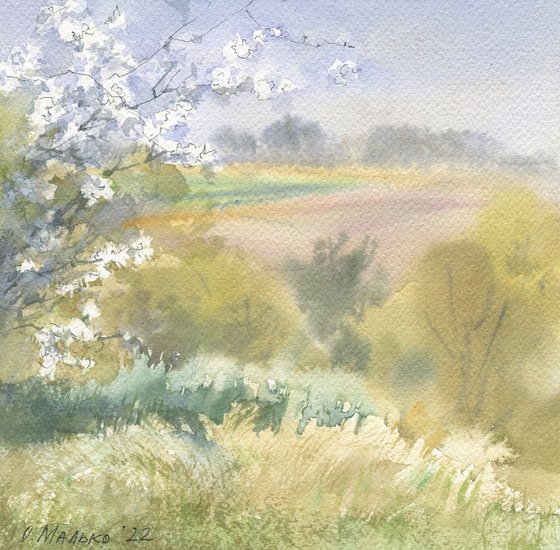 Spring view with blossoming branches / Original watercolor Warm tones Gift picture Small size landscape
