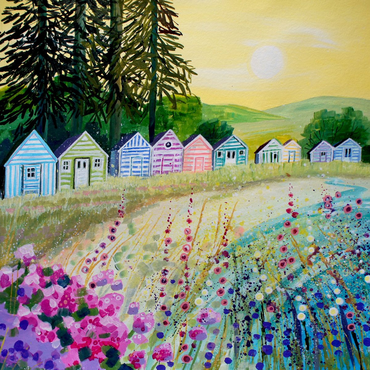  Evening Beach Huts By Julia Rigby, 18 X 18, Artwork For Sale On Artfinder