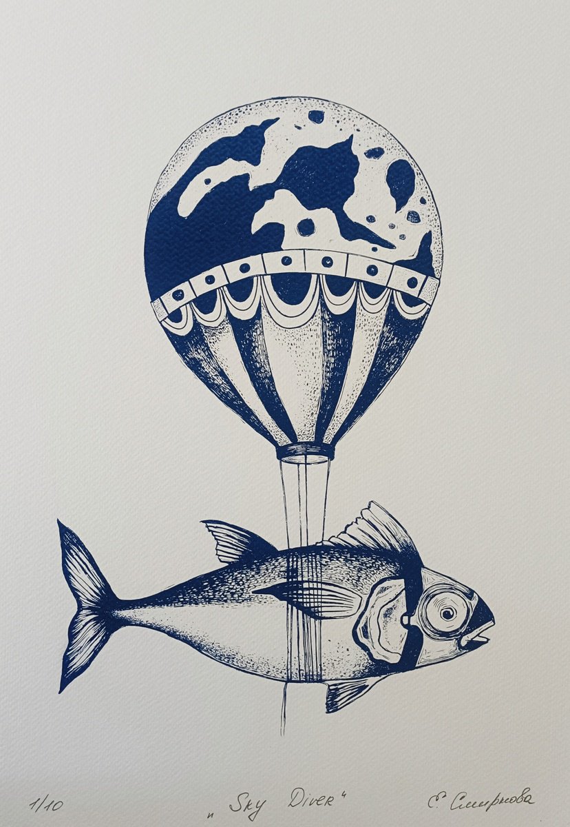 Surrealistic Animal Giclee Print By Evgenia Smirnova, 12 X 17, Airborne Fish, Original Artwork