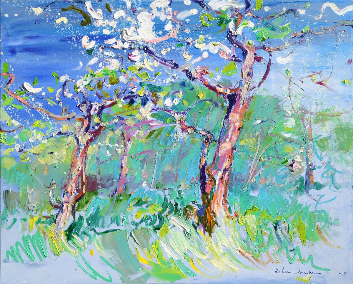 Expressive Botanical Oil Painting By Helen Shukina, 39 X 31, My Little Spring Paradise, Original Artwork