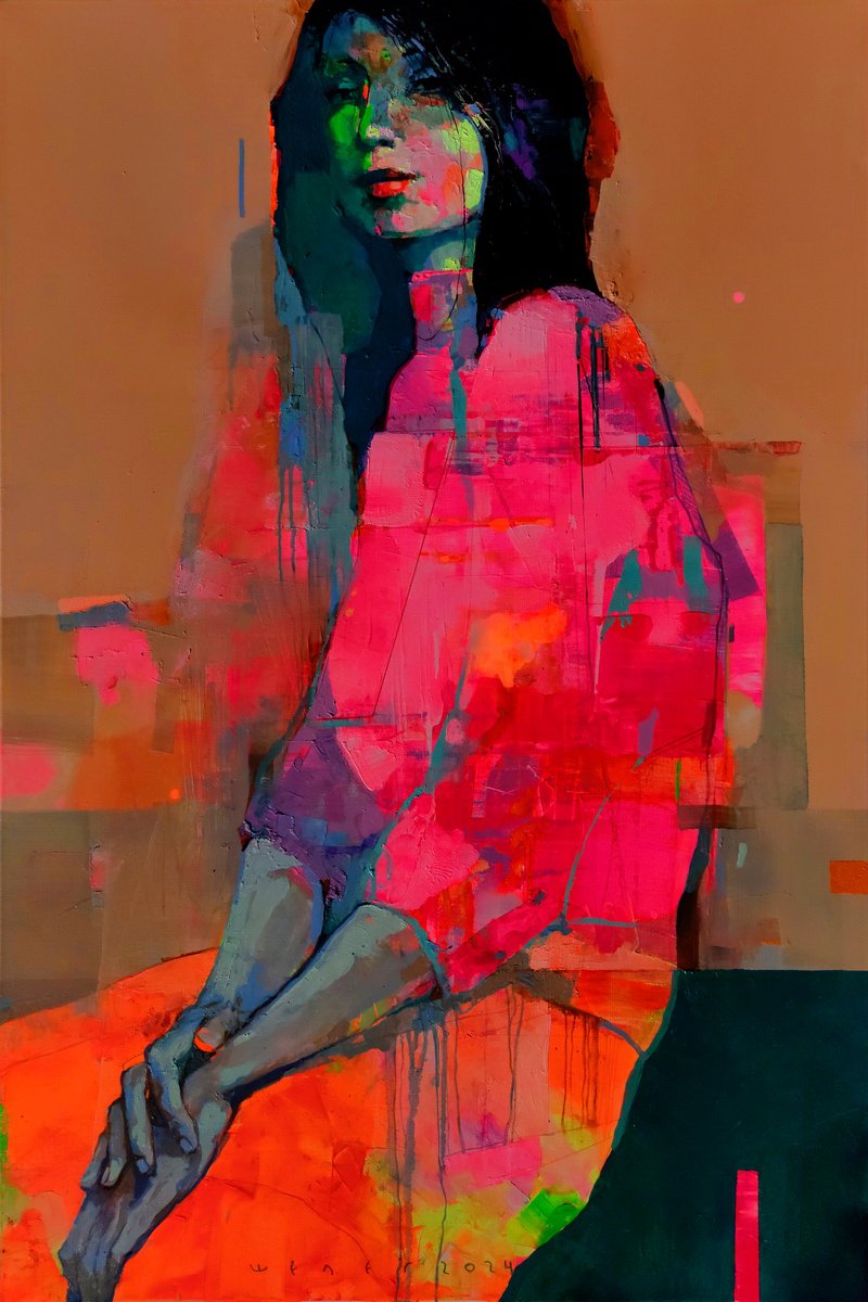 Urban And Pop Portrait Oil Painting By Victor Sheleg, 31 X 47", Peony Girl, Original Artwork