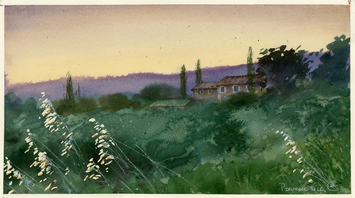 Impressionistic Landscape Watercolour By Tatyana Tokareva, 15 X 9", Twilight In Provence, Original Artwork
