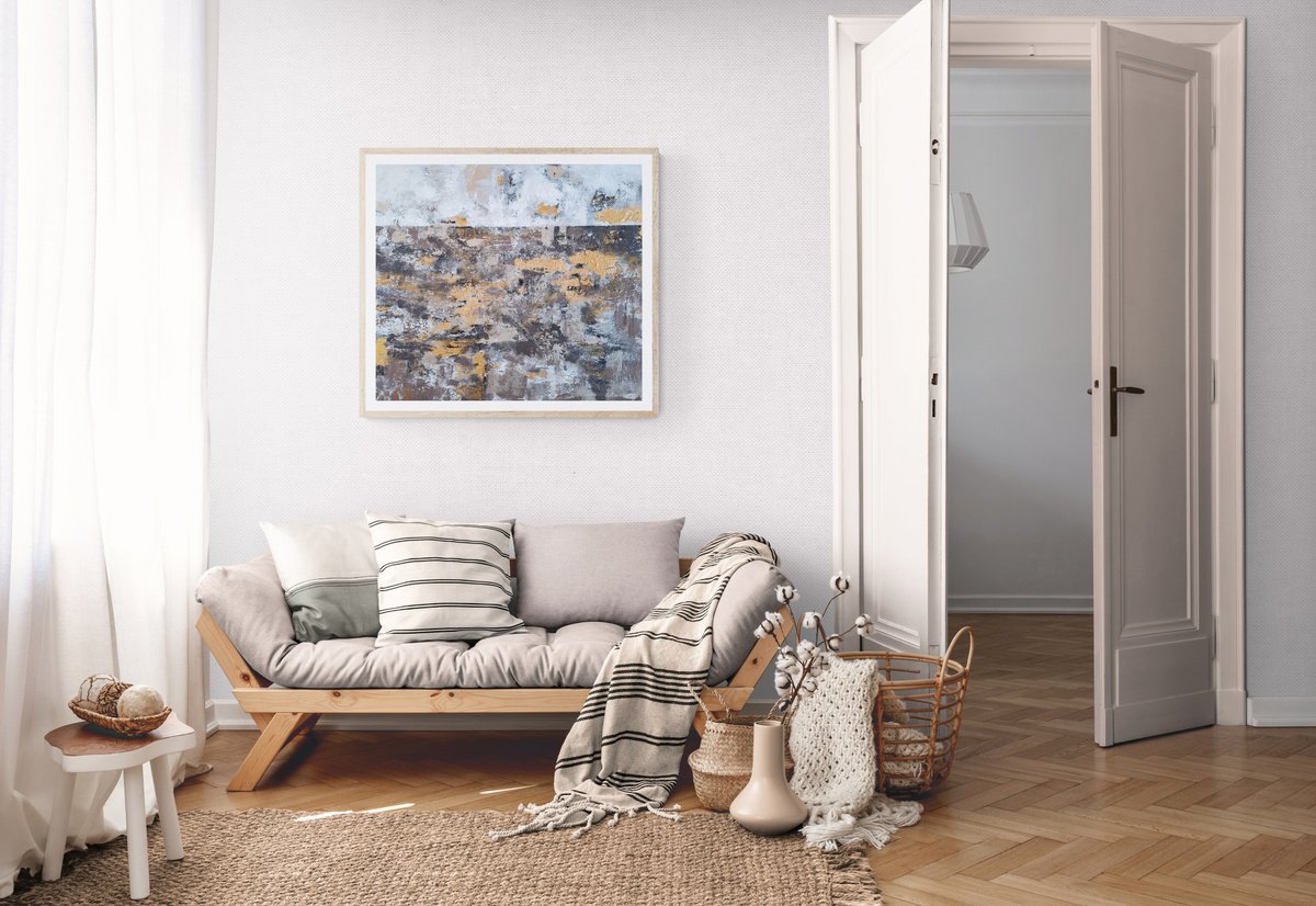 Geometric Abstract Acrylic Painting By Zuzana Petrakova, 31 X 28", Sunlit Landscape, Original Artwork