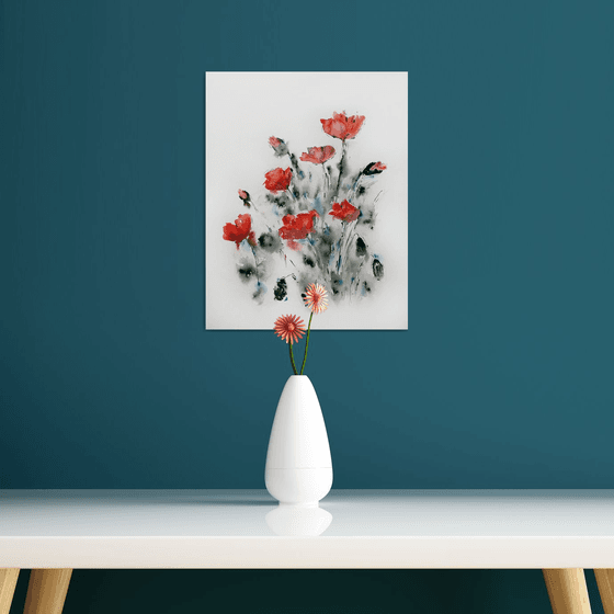 Red poppy painting. Wildflowers