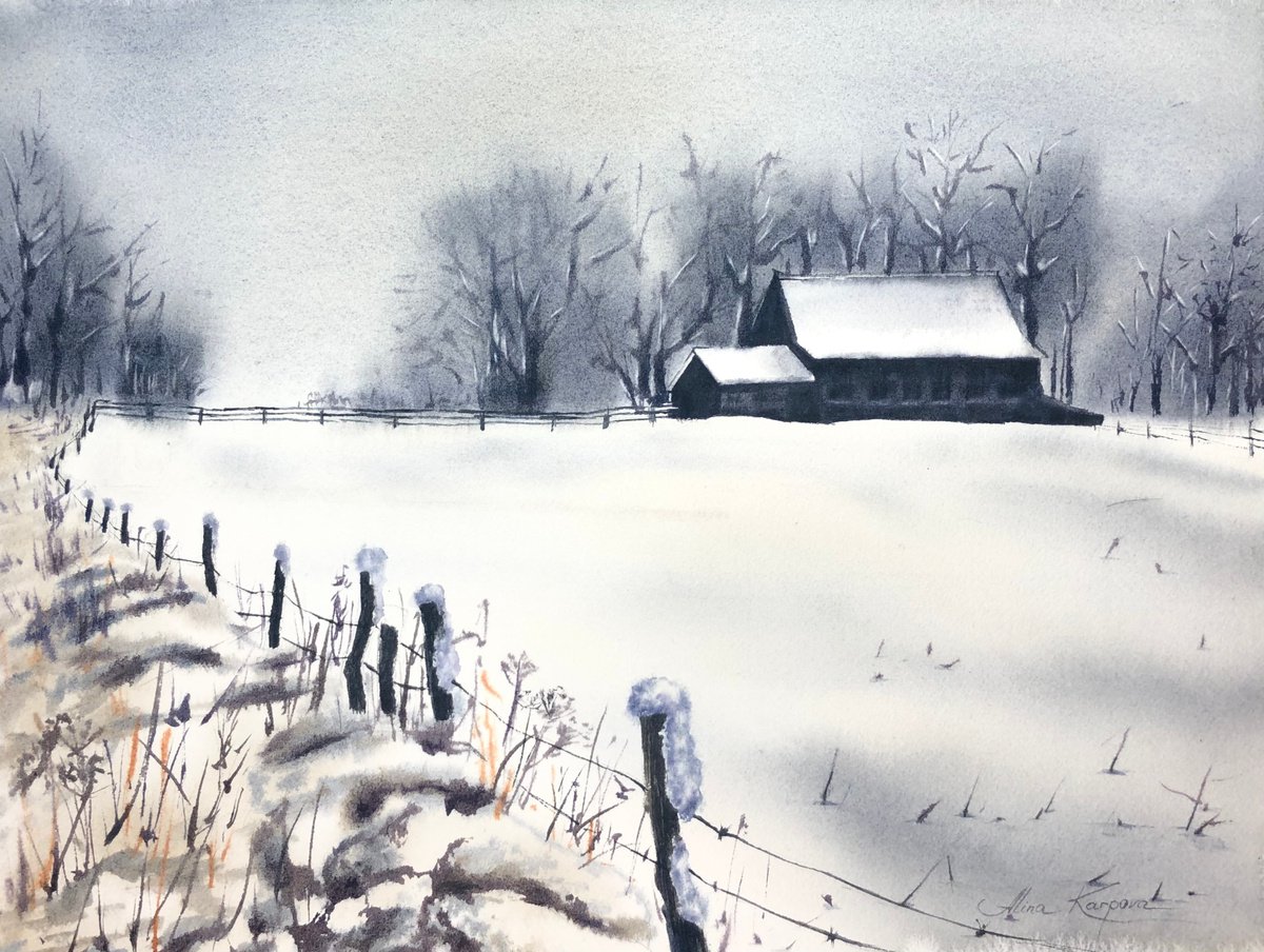 Snowy village winter landscape by Alina Karpova
