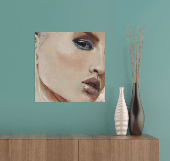 Alona - beauty oil painting of women female on paper dark purple and blue tones makeup closeup