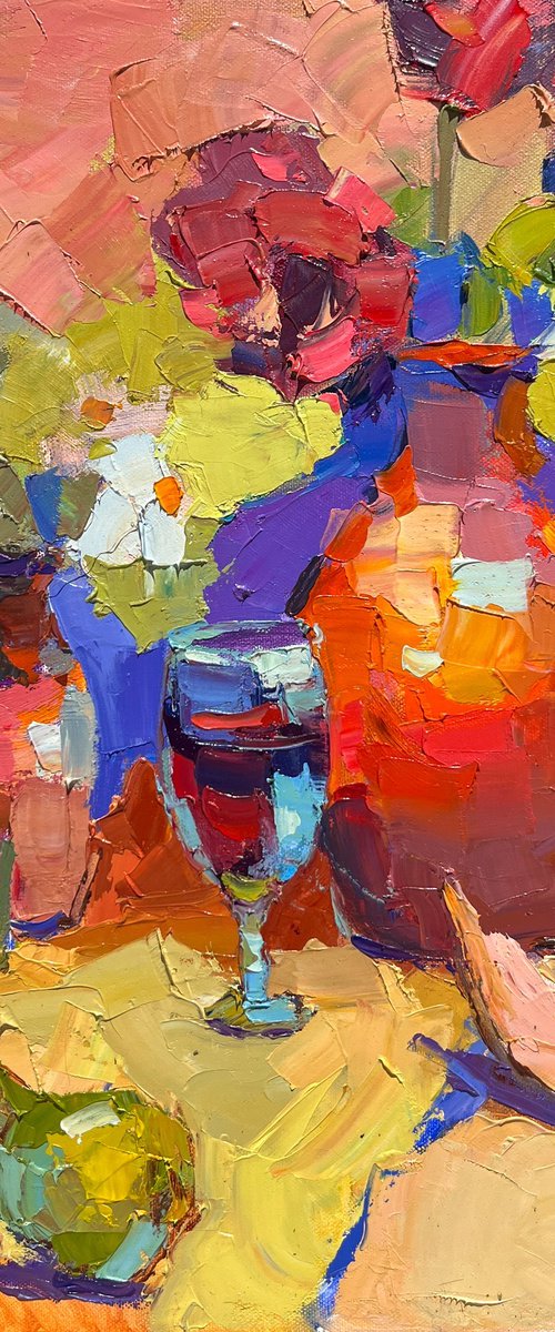 Flowers, Wine and Fruit – Oil Painting by Elena Recondo