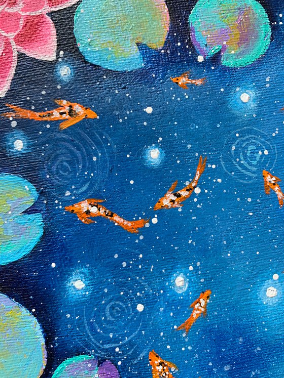 Galaxy water lilies! Koi fish and fire flies!  Ready to hang