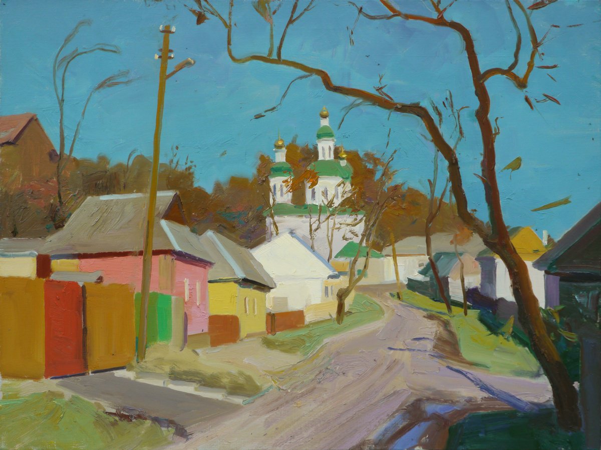 Impressionistic Landscape Oil Painting By Victor Onyshchenko, 31 X 24", Illinska Street, Original Artwork