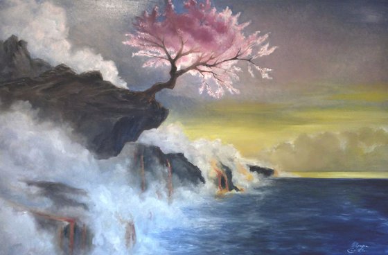 Tree on a Cliff---EXTRA WIDE PAINTING--cheap shipping world wide