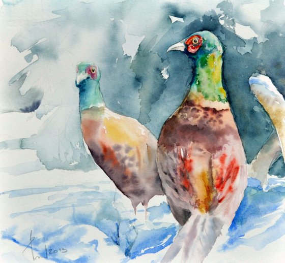 WINTER'S  PHEASANTS original watercolor