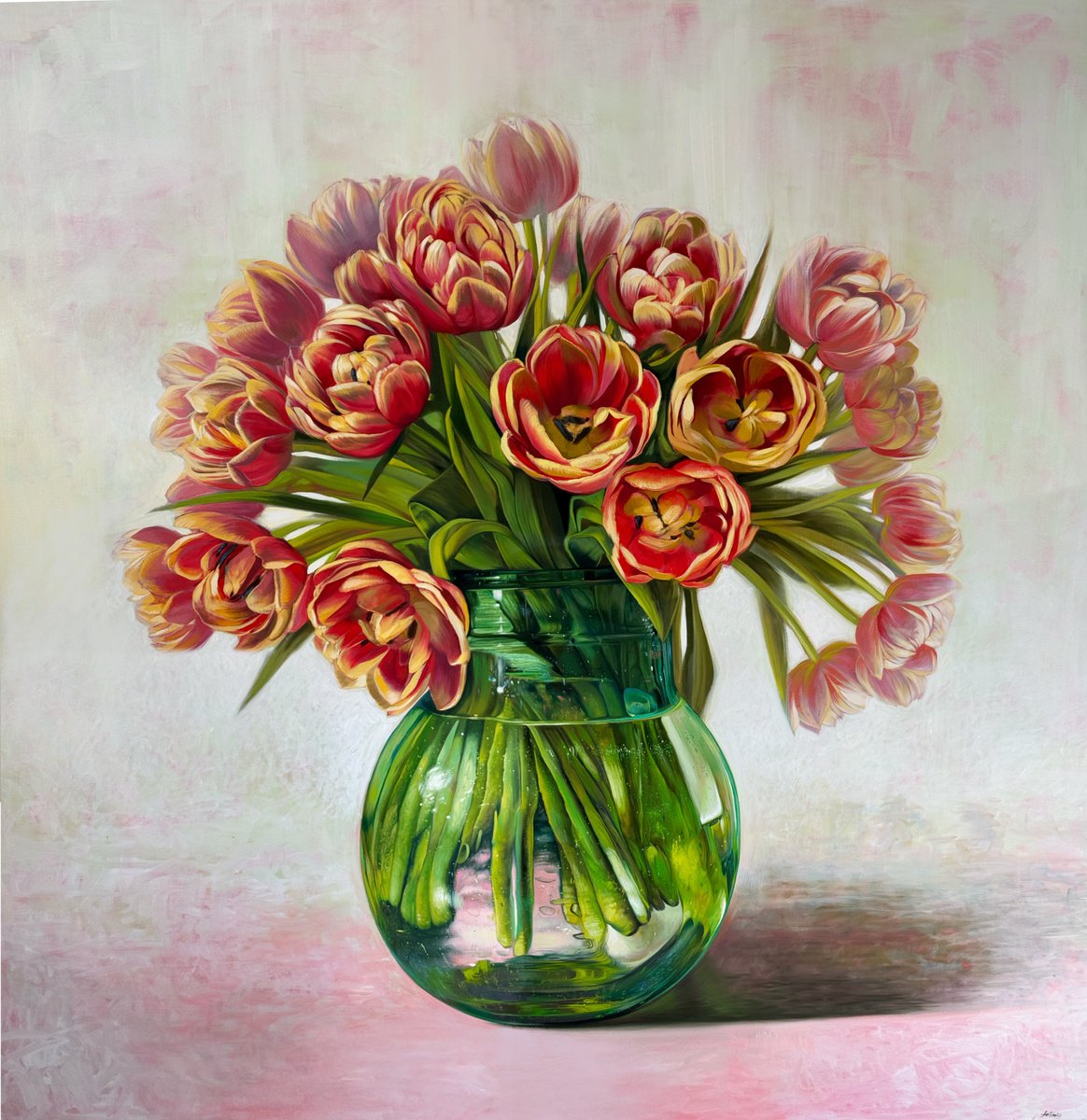 Impressionistic Botanical Oil Painting By Anastasia Parfilo, 59 X 59, Tulips, Original Artwork