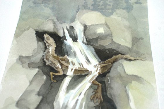 Fantasy Waterfall dragon Watercolor sketch Nature guardian
