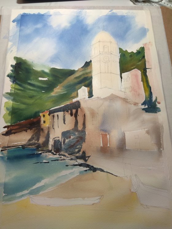 Vernazza. View of the tower and old town. Big format watercolor urban landscape Mediterranean italy sea bright architecture