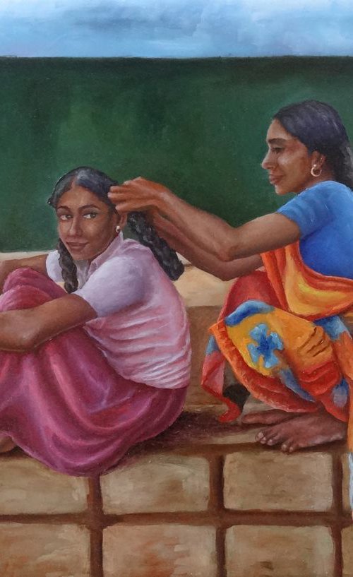 Mother combing her daughter by Ramya Sadasivam