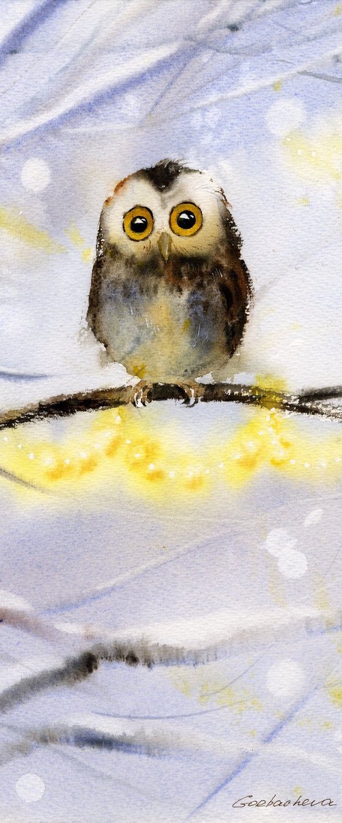 Little owl on a branch #16 by Eugenia Gorbacheva