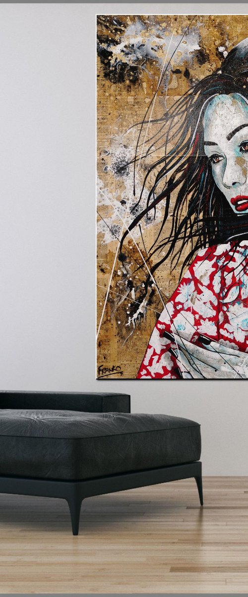Cherry Memories 120cm x 100cm Red Kimono Geisha Abstract Realism Book Page Art by Franko