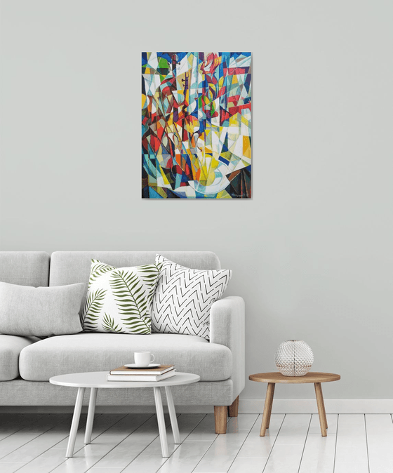 Still life with lemons and violin-2 (60x80cm, cubism, oil painting, ready to hang)