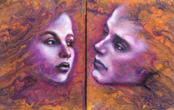 "Attractions I " Original mixed media diptych painting on canvas 36x24x,1,7cm.ready to hang .diptych.Buy 2 miniatures you get 3 !
