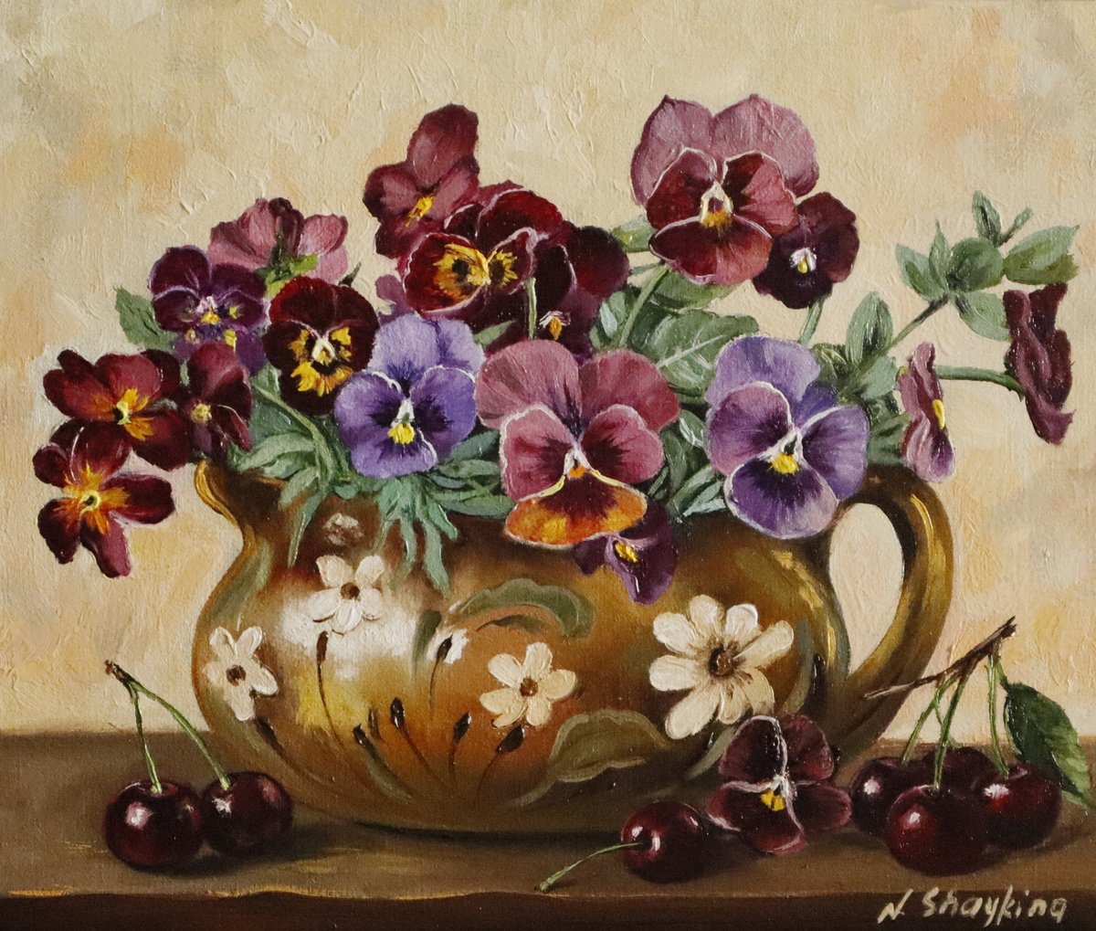 Pansies In Rustic Jug With Cherries By Natalia Shaykina, 12 X 10, Artwork For Sale On Artfinder