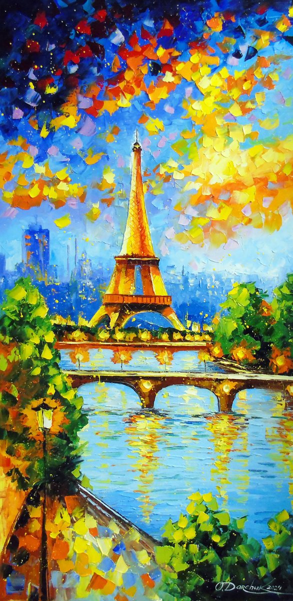 Impressionistic Cityscapes Oil Painting By Olha Darchuk, 20 X 39", Paris, Paris - Love, Original Artwork