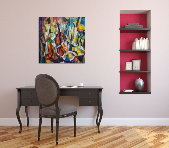 still life with violin (80x80cm, cubism, oil painting, ready to hang)