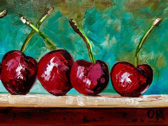 Cherries. Still life. Palette knife painting on linen canvas