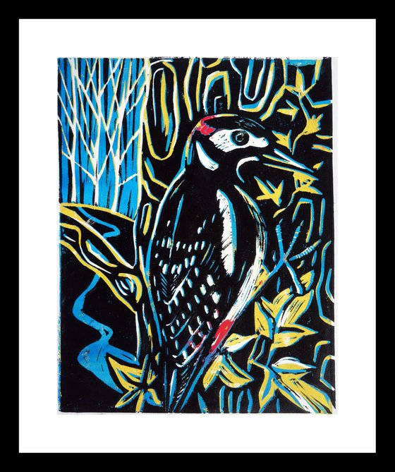 Great Spotted Woodpecker - Hand finished Linocut