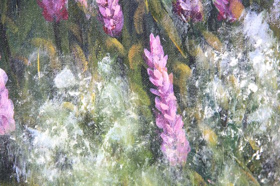 Mountains river pink purple flowers river oil landscape