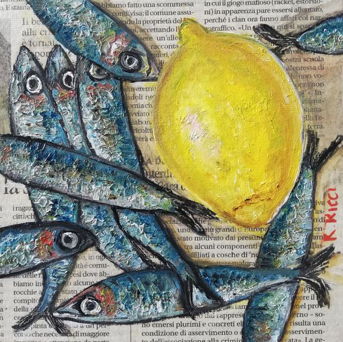 "Fishes  with Lemon on Italian Newspaper" Original Oil on Canvas Board Painting 6 by 6 inches (15x15 cm) by Katia Ricci
