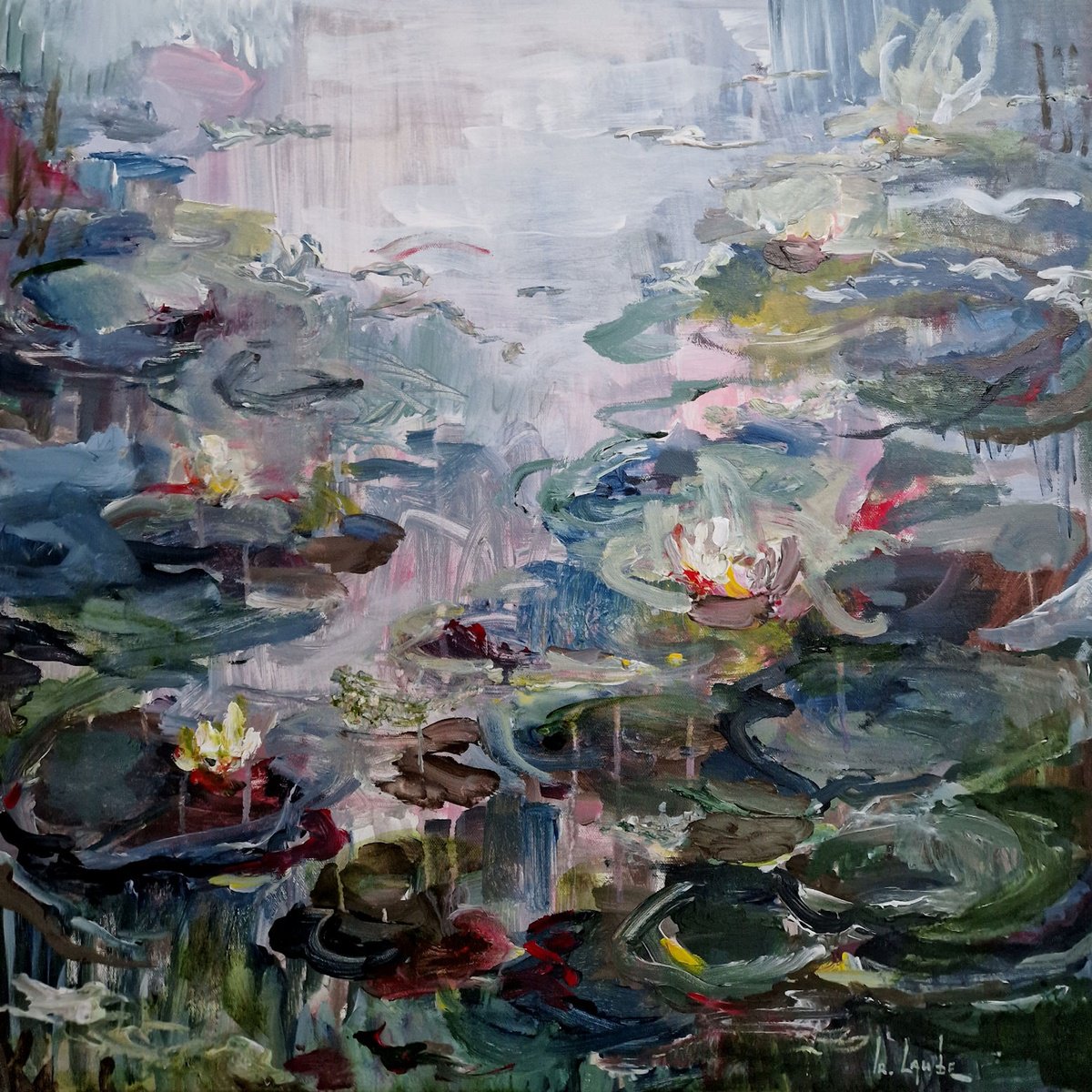 Impressionistic Botanical Acrylic Painting By Irina Laube, 24 X 24, At The Water Lily Pond, Original Artwork