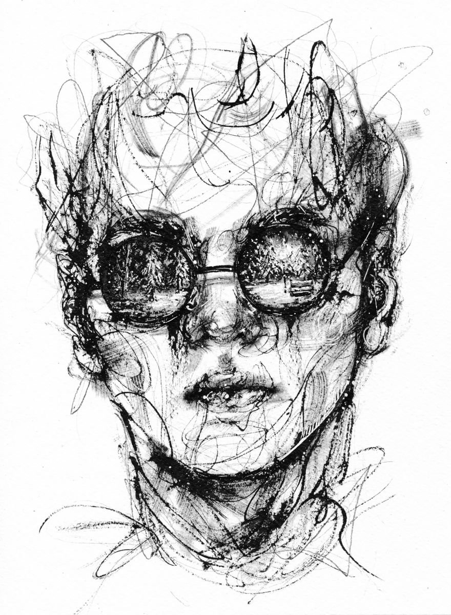 Expressive Portrait Ink Drawing By Doriana Popa, 7 X 9, Snow, Original Artwork