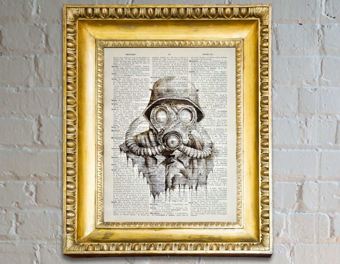Gas Mask - Collage Art on Large Real English Dictionary Vintage 