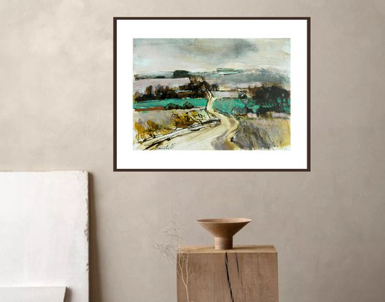 Road among fields. Abstract drawing.