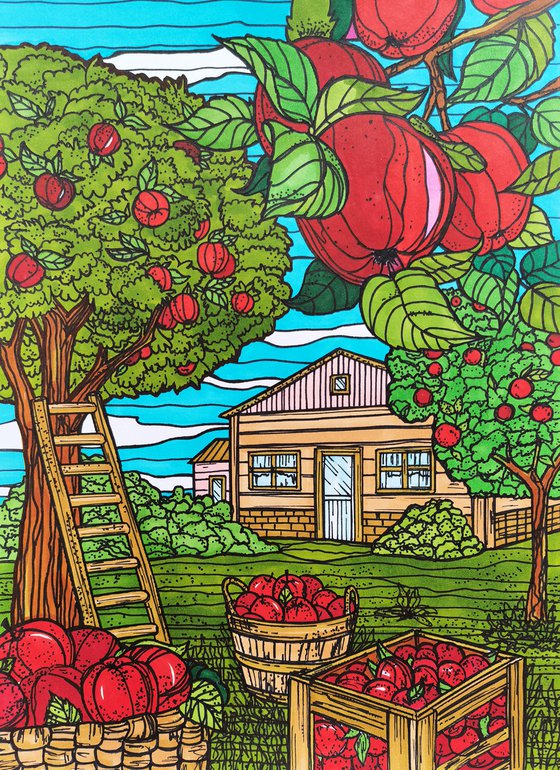 Apple tree garden - country life illustration, red green graphic art