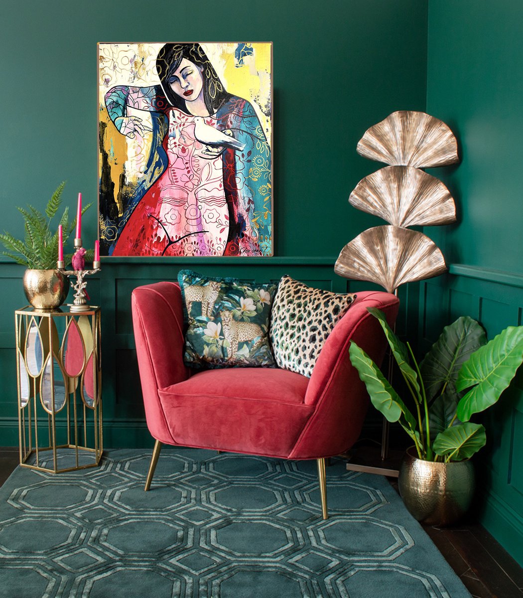 Expressive Portrait Acrylic Painting By Tetiana Cherevan, 35 X 39", I Wish I Had Wings, Original Artwork