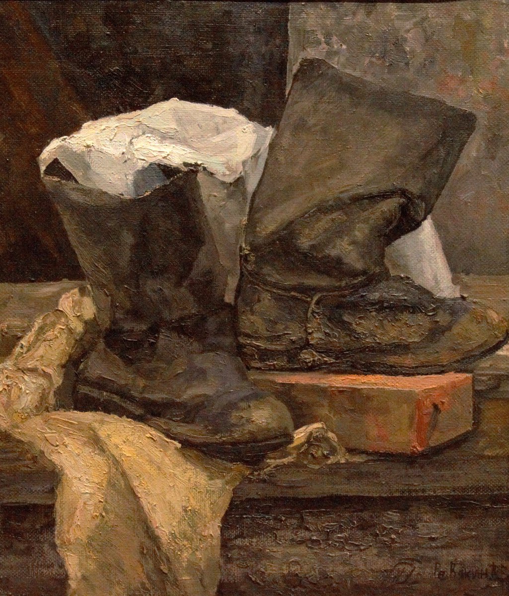 Grandpa farmers boots. Still life realism oil painting by Dmitry Revyakin