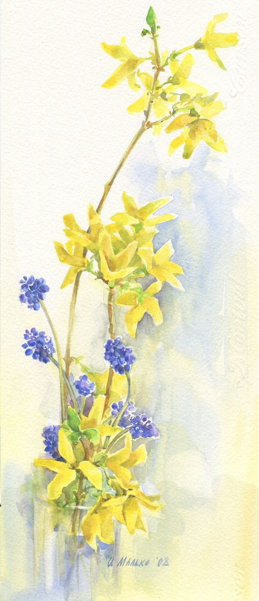 Yellow branches and blue flowers / Spring bouquet Floral watercolor by Olha Malko