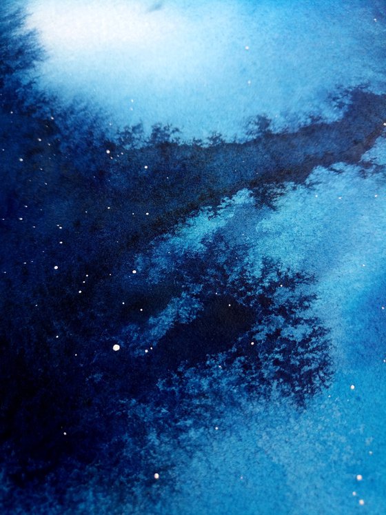 "Depth of Space" abstract dark blue watercolour with white dots constellations