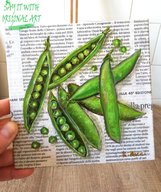 "Pea Pods on Newspaper" Original Oil on Canvas Board Painting 6 by 6 inches (15x15 cm)
