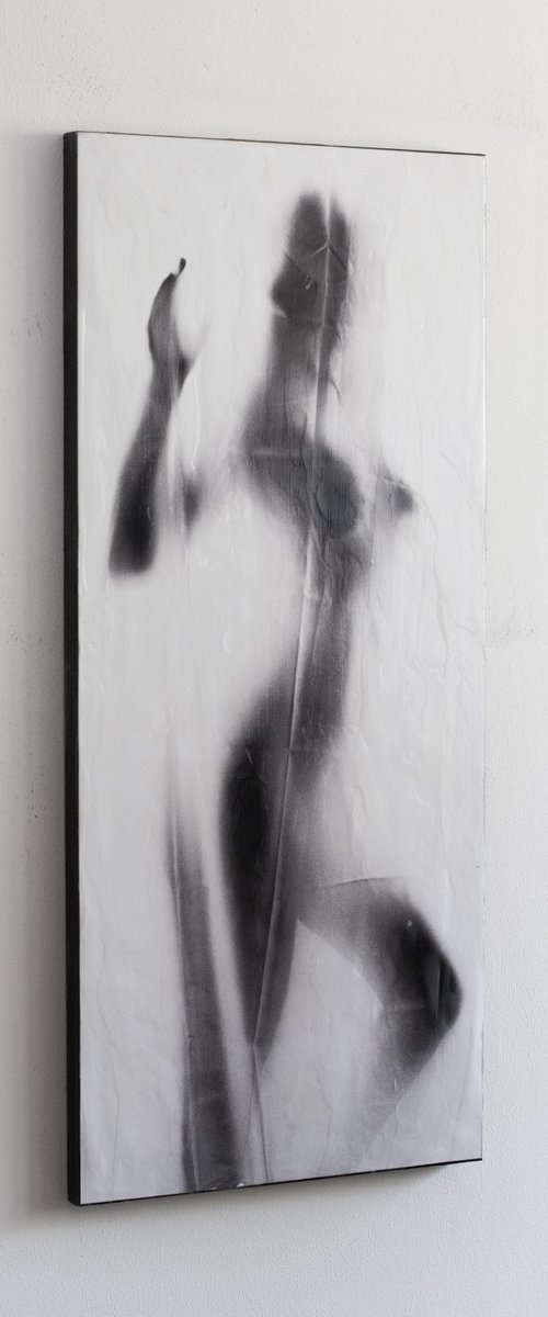 "As we dissolve" (80x35x2,5cm) - Unique figurative artwork on wood (abstract, figurative, gouache, original, painting, coffee, acrylic, oil, watercolor, encaustics, beeswax, resin, wood, fingerpaint) by Rouzbeh Tahmassian