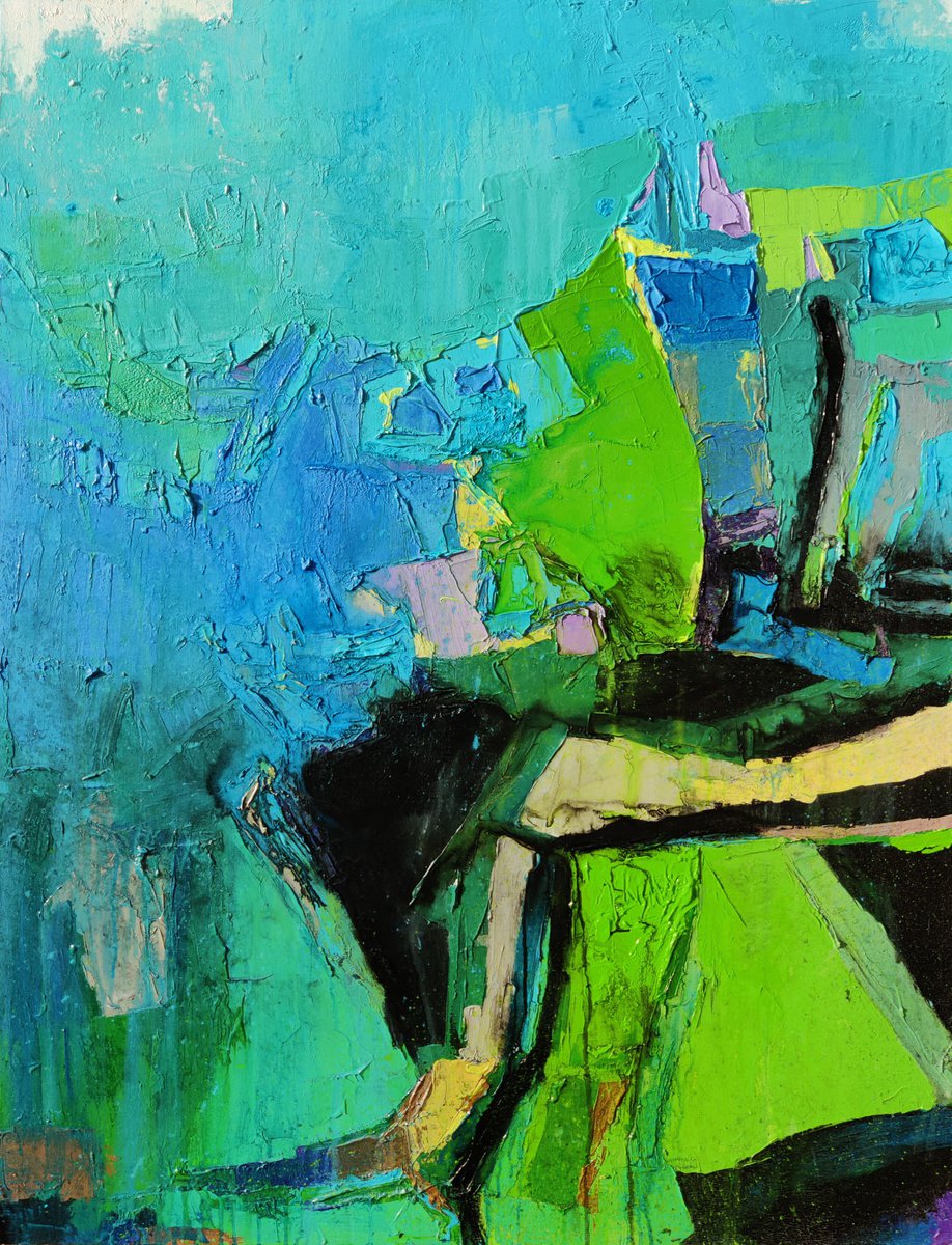 Organic Landscape Acrylic Painting By Abhishek Kumar, 42 X 54, Blue Mist Ii, Original Artwork