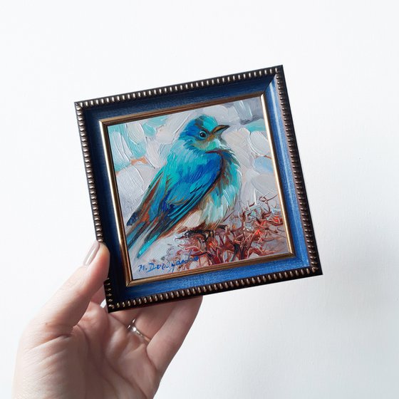 Bluebird painting original framed 4x4, Bluebird art oil illustration small artwork framed, Bird lovers gift