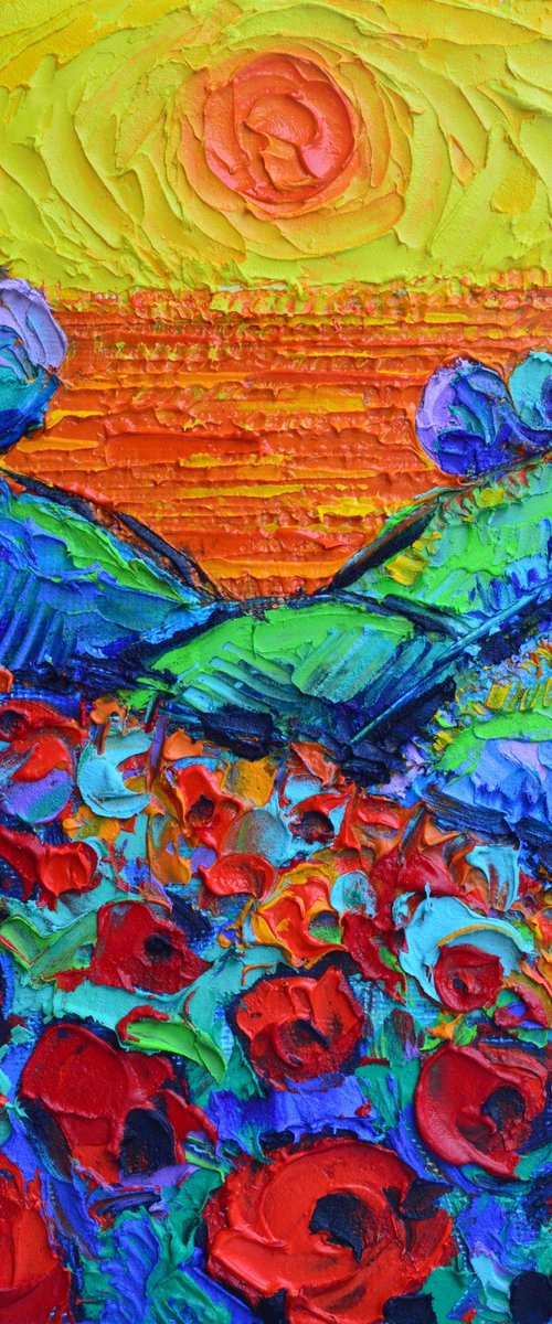 POPPIES HILLS BY THE SEA AT SUNSET abstract landscape textural impressionist impasto palette knife oil painting by Ana Maria Edulescu by ANA MARIA EDULESCU