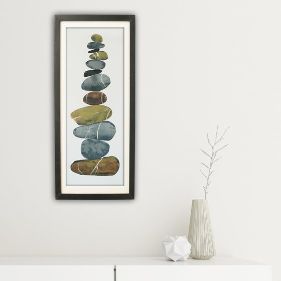 Zen stones - Twelve stones #2  (banded balancing stones lino/monoprint)