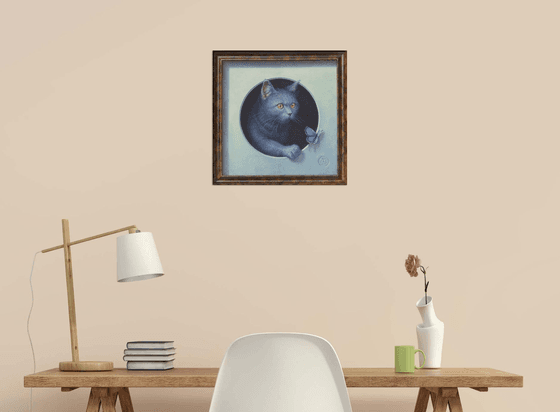 Trompe l'oeil with cat and butterfly