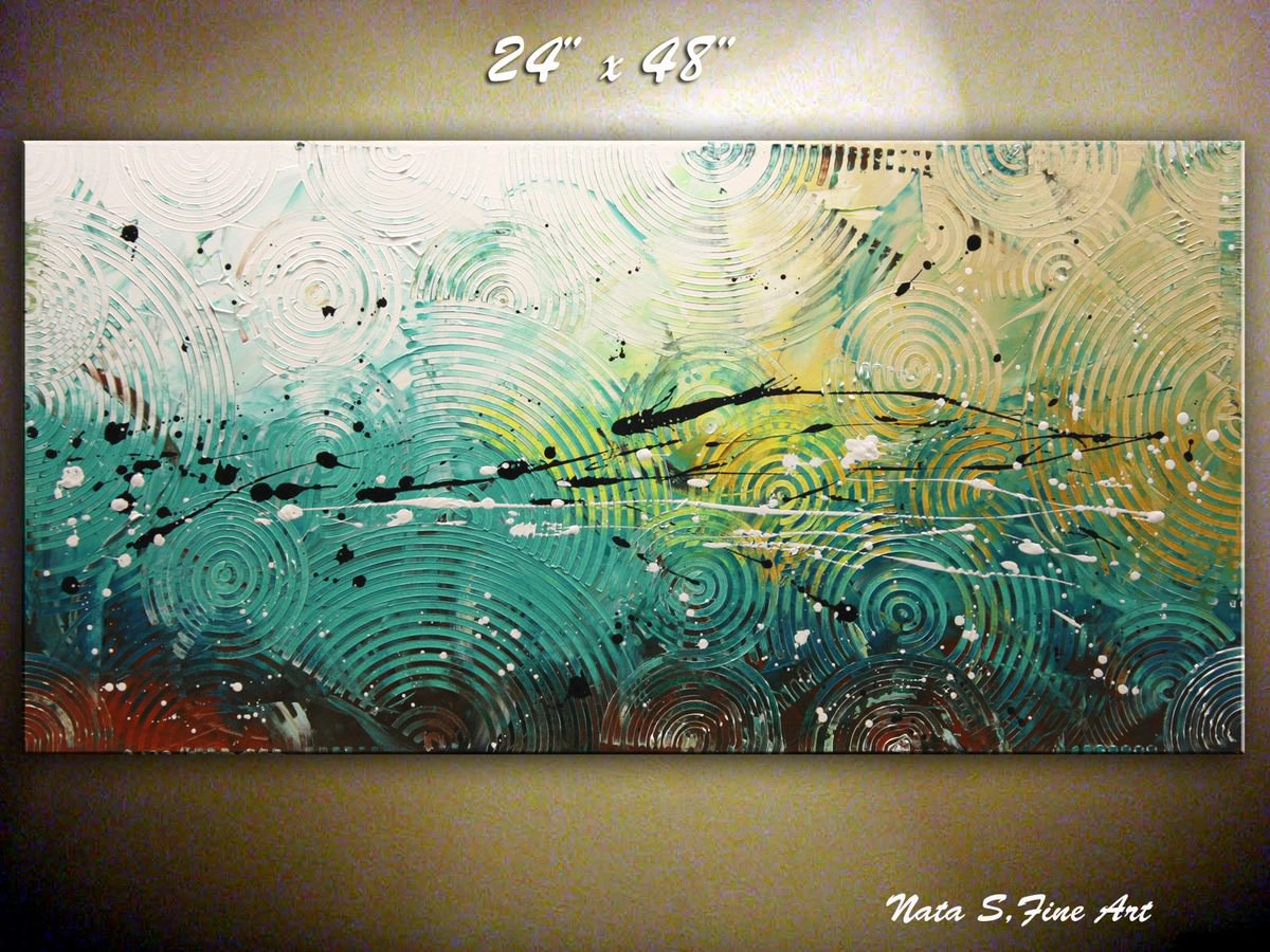 Abstract Textured Painting 24 x 48, Turquoise and White Acrylic Painting by Nataliya Stupak